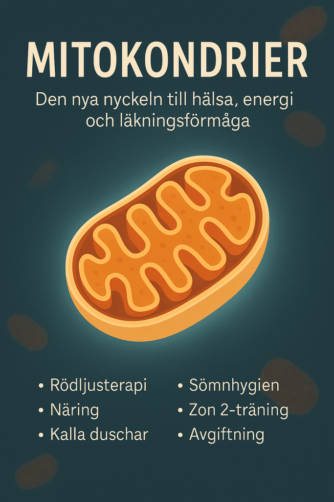 Illustration av mitokondrier och naturliga hälsometoder som ljus, natur och energi, symboliserande cellhälsa och holistisk återhämtning.