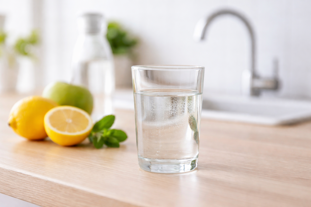 Ett glas vatten på en köksbänk med citron och frukt i bakgrunden